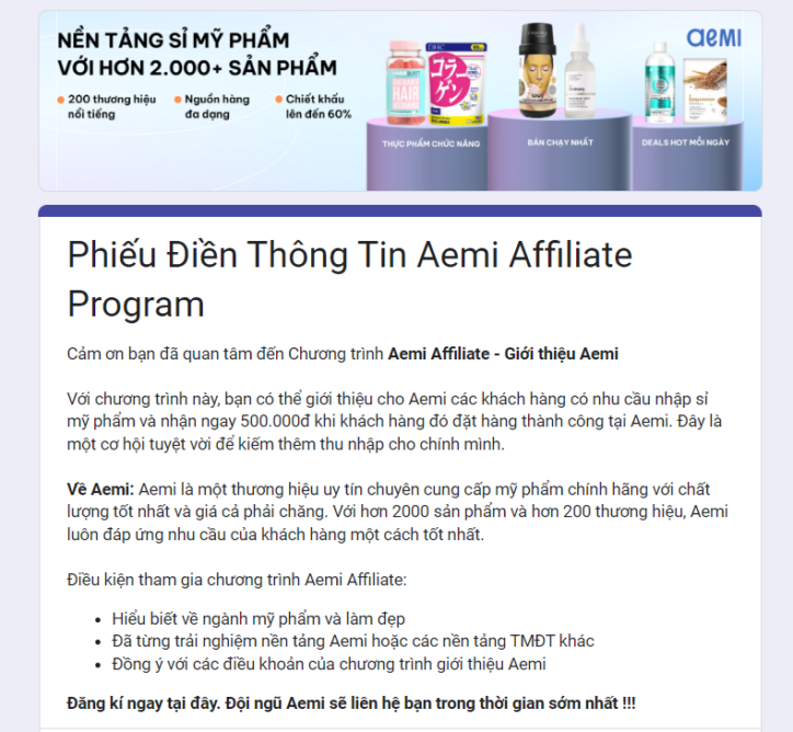 Phiếu điền thông tin đăng ký tham gia chương trình tiếp thị liên kết Aemi