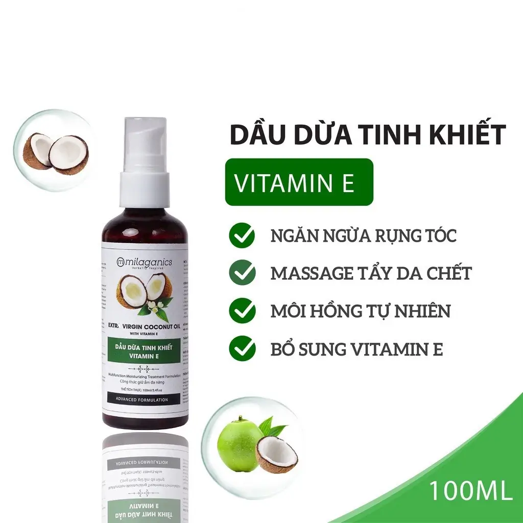 Dầu Dừa Nguyên Chất Vitamin E Dưỡng Da - Tóc - Môi 100ml | Aemi