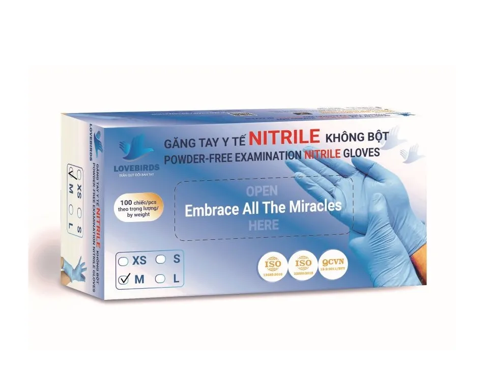 Găng Tay Y Tế Nitrile Không Bột - Màu Xanh - Size M (Hộp 100 Cái)
