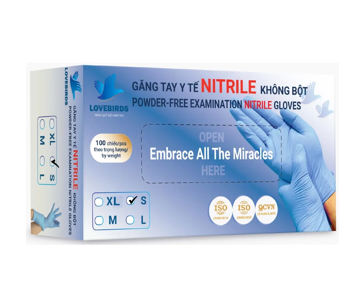 Găng Tay Nitrile Không Bột Size S Xanh Lovebirds Hộp 100 Cái