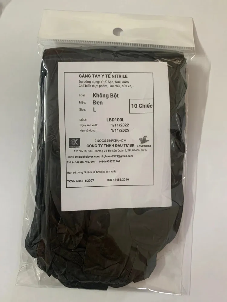 Găng Tay Nitrile Không Bột Size L Đen BK Gloves Gói 10 Cái