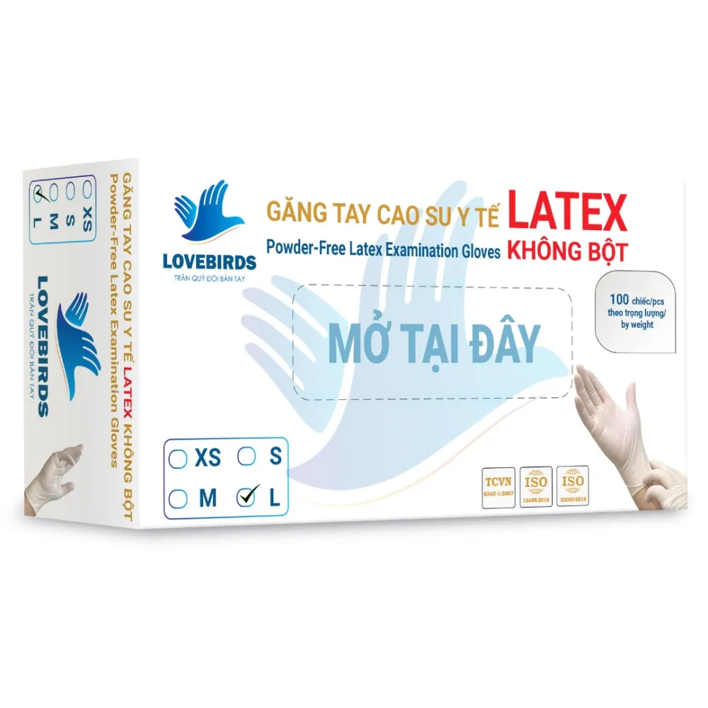 Găng Tay Y Tế Latex Không Bột size L Màu Kem Lovebirds Hộp 100 Cái
