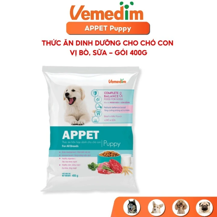 Hạt cho chó con APPET Puppy thức ăn dinh dưỡng vị thịt bò, sữa gói 400g