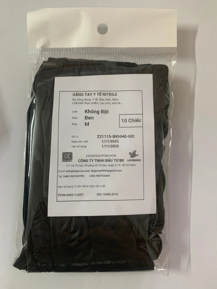 Găng Tay Nitrile Không Bột Size M Đen BK Gloves Gói 10 Cái
