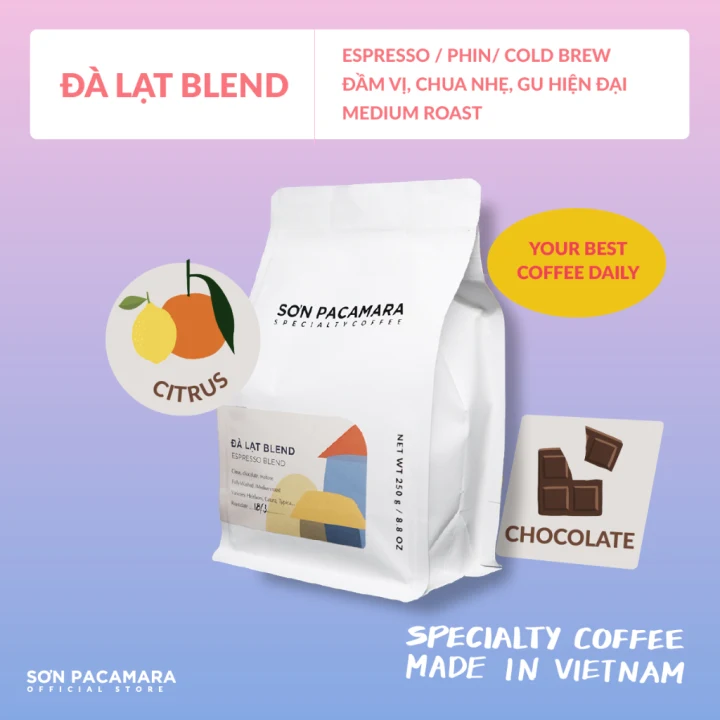 Cà Phê Espresso Đà Lạt Blend-Chua Trái Cây, Ngọt Hậu-Espresso/Phin/Cold Brew 250g (Nguyên hạt)