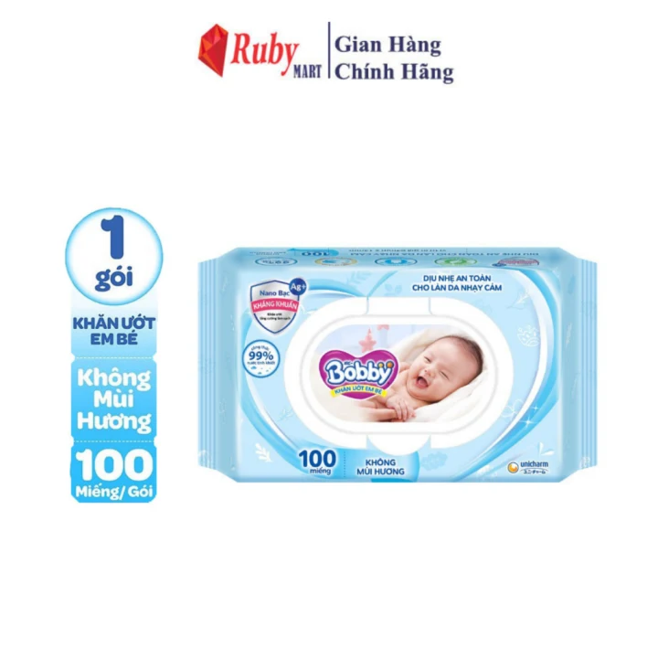 Khăn giấy ướt trẻ em Bobby Care Nano Bạc kháng khuẩn KHÔNG MÙI HƯƠNG 100 miếng